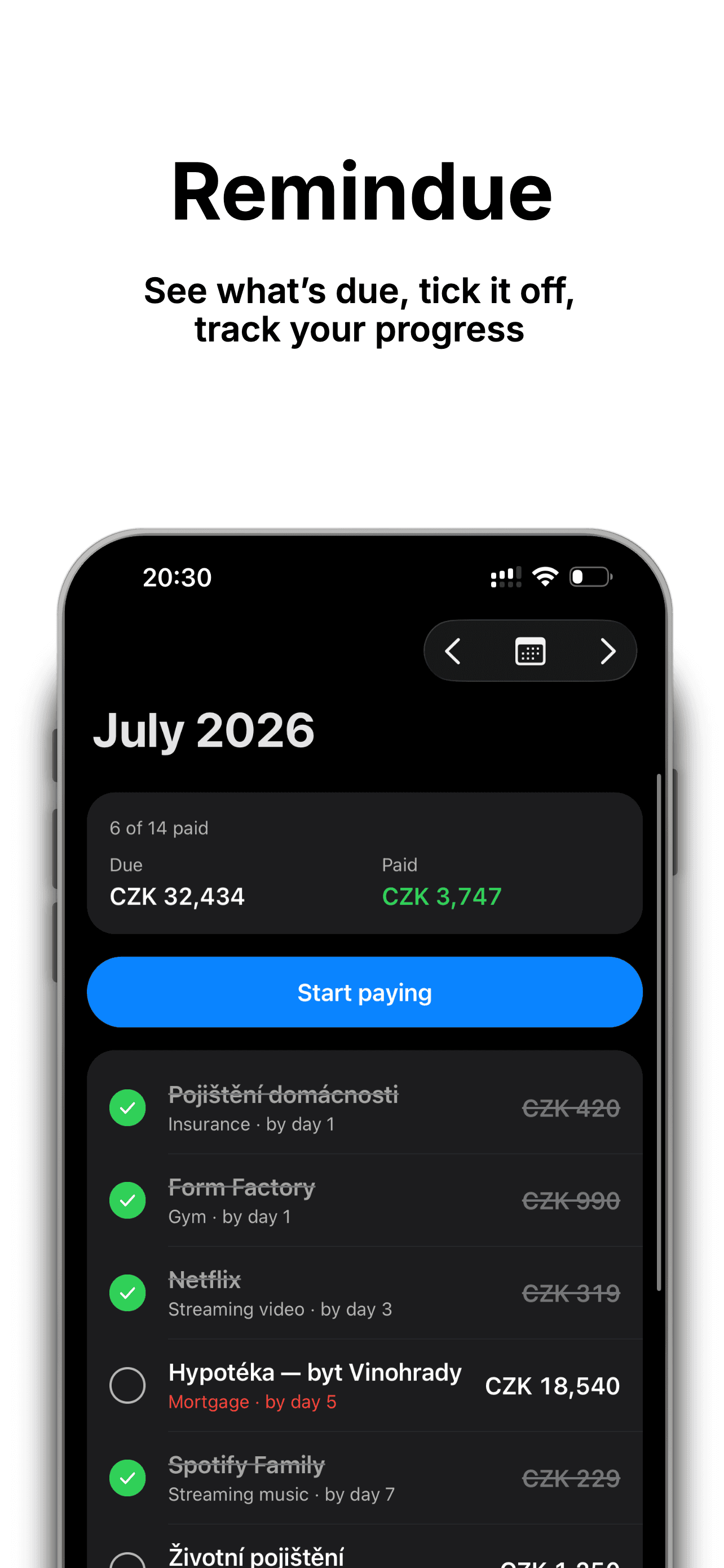 Remindue home screen showing this month’s checklist