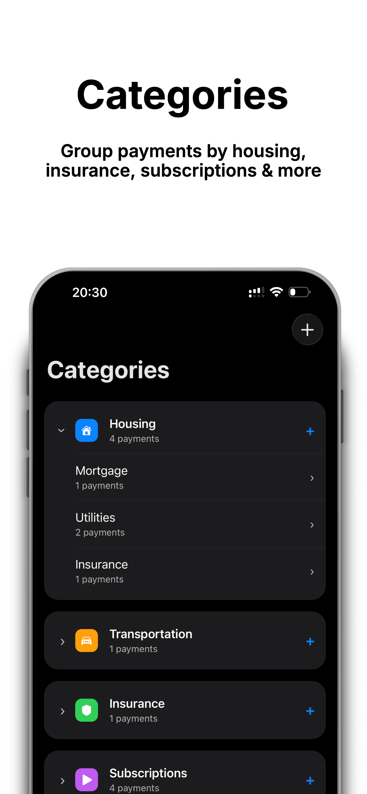 Remindue categories screen